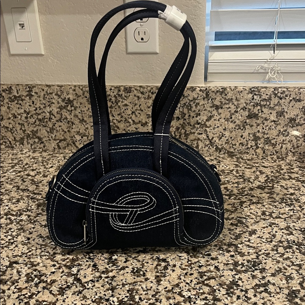 Telfar Denim Shoulder Bag with White Stitching